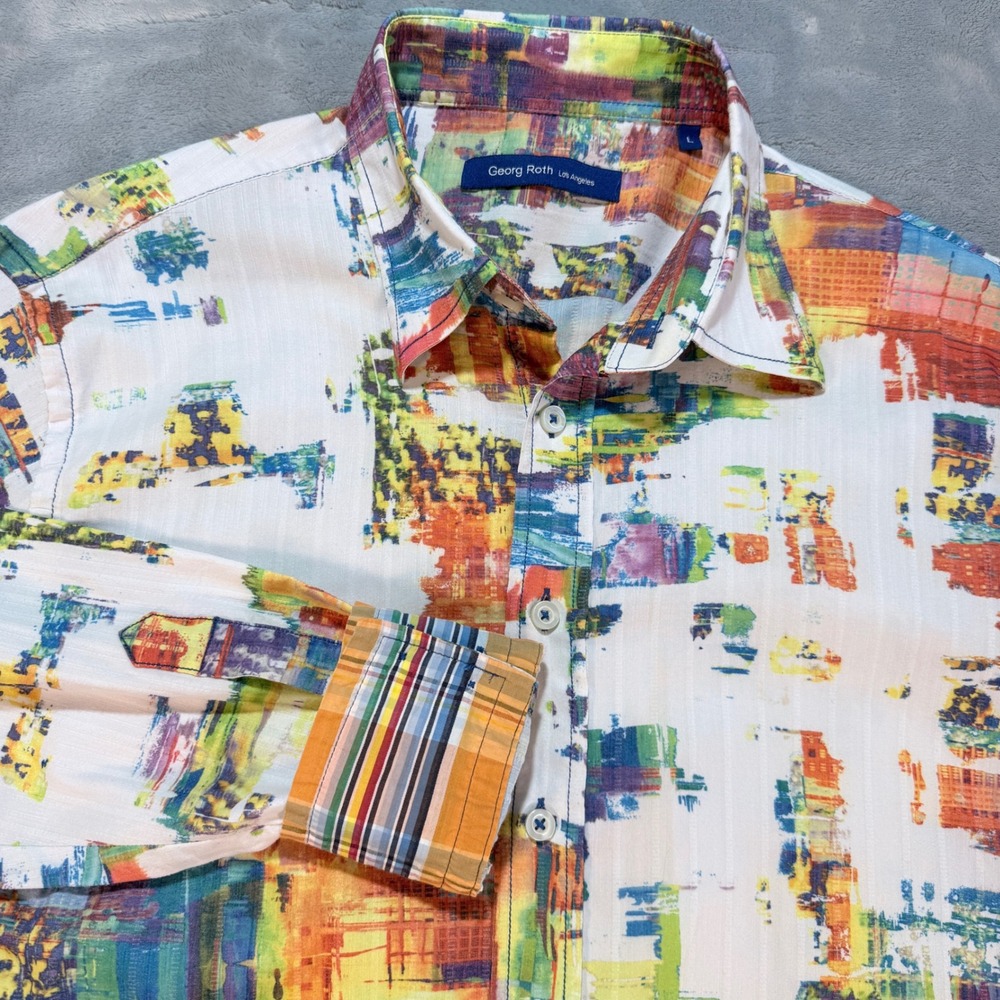 White Multicolor Abstract-Print Casual Button-Down Shirt